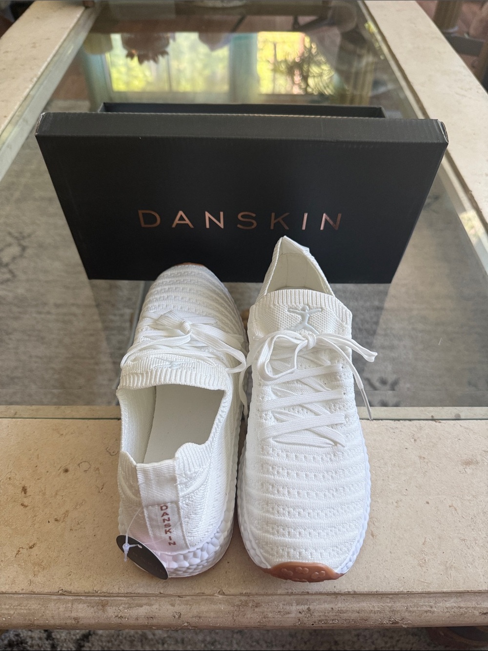 NWT! DANSKIN White Knit Slip-On Lace-Up Sneakers Memory Foam 7